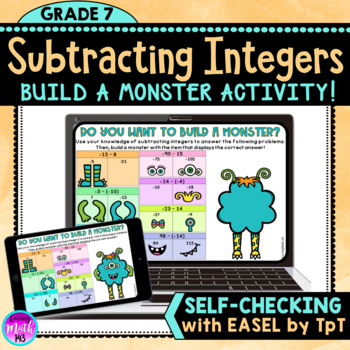 Preview of Subtracting Integers: Build a Monster Digital Activity (Self-Checking)