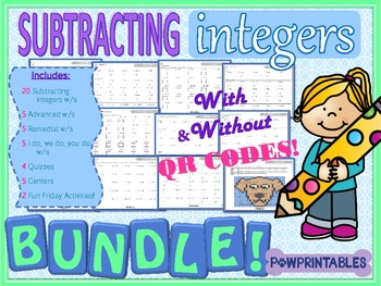 Preview of Subtracting Integers BUNDLE with QR Codes! 39 Worksheets, 5 Centers, & More