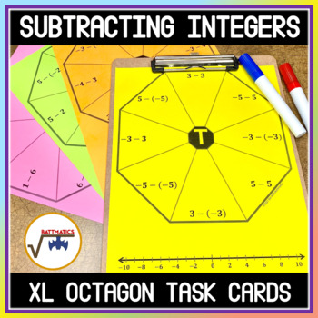 Preview of Subtracting Integers OCTAGONS Extra Large TASK CARDS Dry Erase Activity