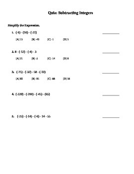 Preview of Subtracting Integers Quiz (7.NS.1;7.NS.1.a; Mathematical Practices 1, 2, 3, 4)