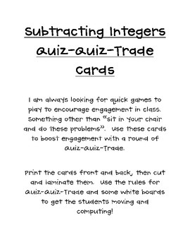 Preview of Subtracting Integers Quiz Quiz Trade Cards