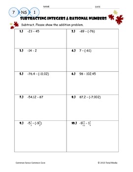 Subtracting Integers & Rational Numbers Worksheet by April Langelett