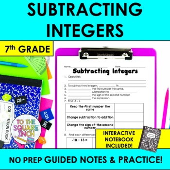 Preview of Subtracting Integers Notes & Practice | + Interactive Notebook Pages