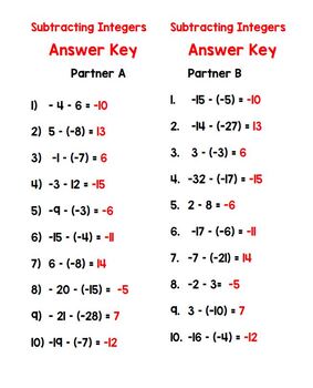 subtracting integers partner practice worksheet answer key digital