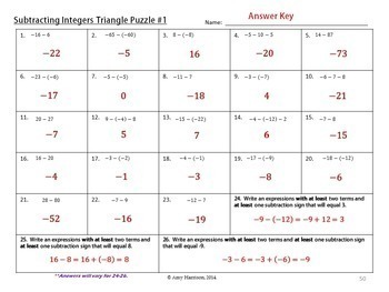 Subtracting Integers Triangle Puzzle | TpT