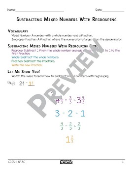 Subtracting Mixed Numbers with Regrouping Math Video and Worksheet