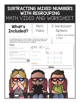 Preview of 4.NF.3: Subtracting Mixed Numbers with Regrouping Math Video and Worksheet