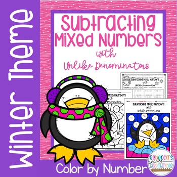 Preview of Subtracting Mixed Numbers with Unlike Denominators Color by Number-Winter Theme