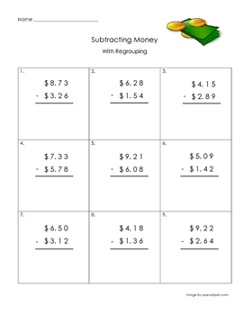 subtracting money with regrouping by m and m resources tpt