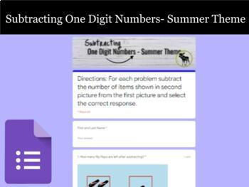 Preview of Subtracting One Digit Numbers - Summer Theme - Google Form (Distance Learning)
