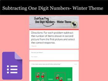 Preview of Subtracting One Digit Numbers - Winter Theme - Google Form (Distance Learning)