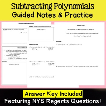 Preview of Subtracting Polynomials Notes and Practice - Algebra 1 Regents