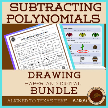 Preview of Subtracting Polynomials Worksheet Bundle (Paper/Digital) - Draw a Cowboy!