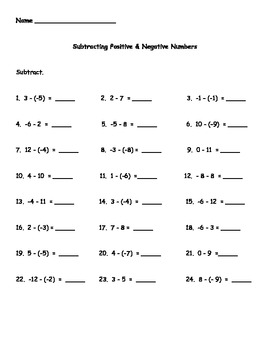 subtracting positive and negative numbers worksheet by kris milliken
