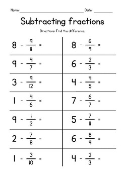 Preview of Subtracting Proper Fractions from Whole Numbers FREEBIE