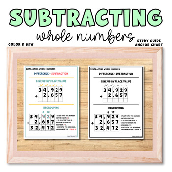 Preview of Subtracting Whole Numbers Study Guide, Anchor Chart, Study Skills