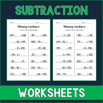 Preview of Subtracting from 3-Digit Numbers - Missing Numbers Worksheets - Test Prep