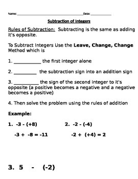 Preview of Subtraction of Integers Notes and Assignments