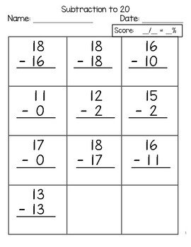 Subtraction to 20, Progress Monitoring Worksheets by Alyssa Korzon