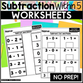 Subtraction 0-5 Math Facts Worksheets | No Prep