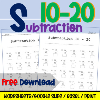 Preview of First Grade Subtraction Timed Tests Freebie | Subtraction 10 - 20 Worksheet