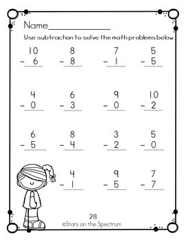 Subtraction Worksheets (Single Digit) by Stars On The Spectrum | TpT