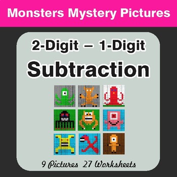 Subtraction: 2-Digit - 1-Digit - Color-By-Number Math Mystery Pictures