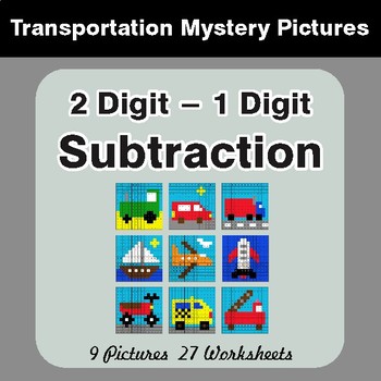 Subtraction: 2-Digit - 1-Digit - Color-By-Number Math Mystery Pictures