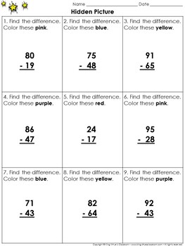 Subtraction: 2-Digit With Regrouping Hidden Picture Activity Valentine ...