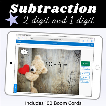Preview of Subtraction 2 and 1 digit Math Boom Cards Digital Resource Valentine's Day Theme