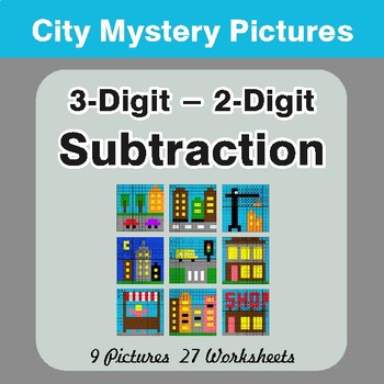 Subtraction: 3-Digit - 2-Digit - Color-By-Number Math Mystery Pictures