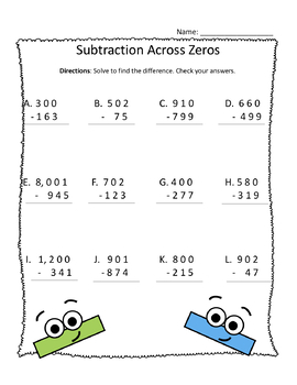 Subtracting Across Zeros Worksheets Teaching Resources Tpt
