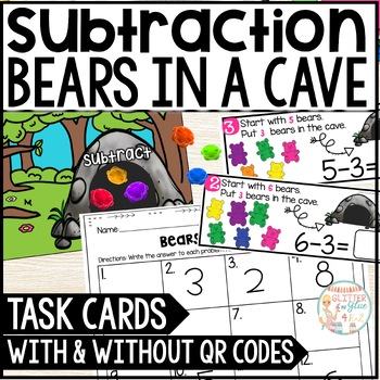 Preview of Subtraction Bears A Cave - Math Center Task Cards With & Without QR Codes