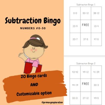 Preview of Subtraction Bingo Math Game with Numbers 0 - 50 for Primary