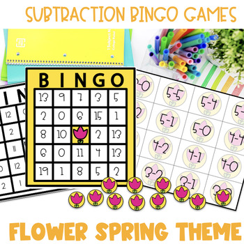 Preview of Subtraction Bingo 1-20 Spring Flower Math Game Activity 1st,2nd,3rd4th Grade