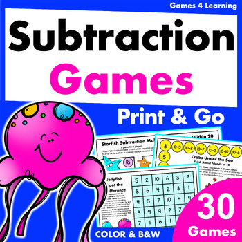 Preview of Ocean Animals Subtraction within 20 Games - Printable Math Board Games