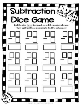 subtraction dice game 4 versions subtraction game printable tpt