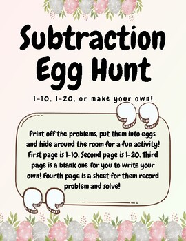 Preview of Subtraction Egg Hunt; 1-10, 1-20, OR make your own!