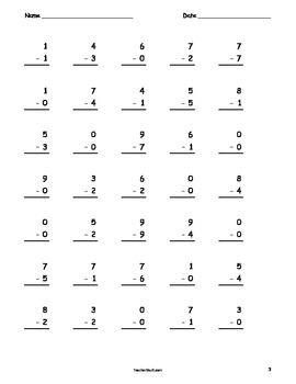 Subtraction Fact (1 digit - 1 digit) Packet 10 pages by Teacher Vault