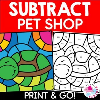 Subtraction Facts Color by Number Pets Dog Cat Rabbit Snake Fish Turtle ...