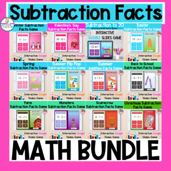 Preview of Subtraction Facts Google Slides Games Monthly Themed Math Bundle | Math Facts