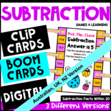 Subtraction Facts Math Boom Cards, Clip Cards & Easel [Aus