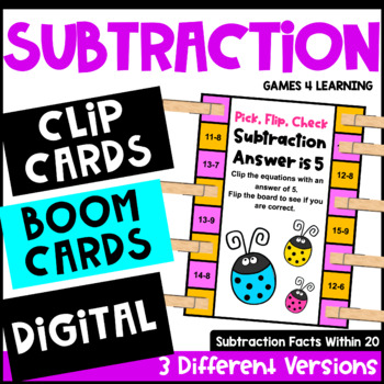 Preview of Subtraction Facts Math Boom Cards, Clip Cards & TpT Digital: Distance Learning