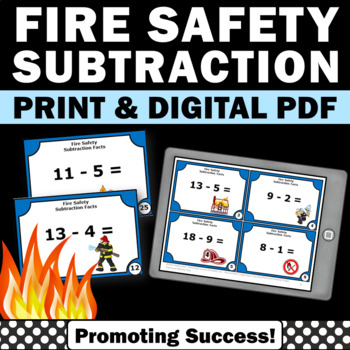 Preview of Subtraction Facts Practice Math Task Cards Fire Safety Week Theme Games Activity