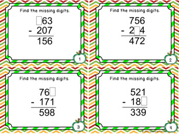 subtraction files find the missing numbers with 3 digits task cards