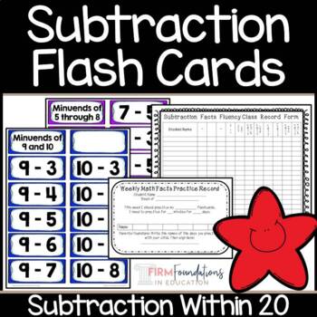Preview of Subtraction Flash Cards 0-20 - Math Fact Fluency Within 20- With Answers on Back
