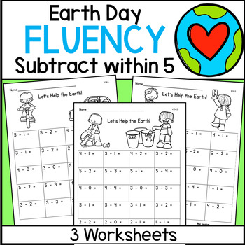 Preview of EARTH DAY Subtract within 5 Math Fact Drills or Practice Worksheets  K.OA.5