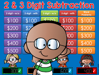 Preview of Subtraction Jeopardy Style GAME SHOW - 2&3 digits 2nd Gr. - GC Distance Learning