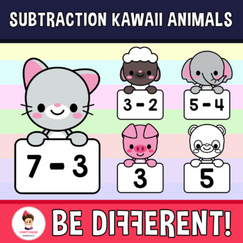 Preview of Subtraction Kawaii Animals Clipart Math Basic Operations Back To School