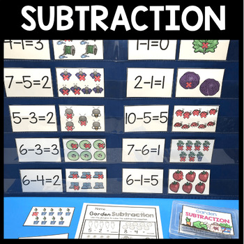 Preview of Subtraction Kindergarten First Grade Spring Task Cards Subtracting with pictures